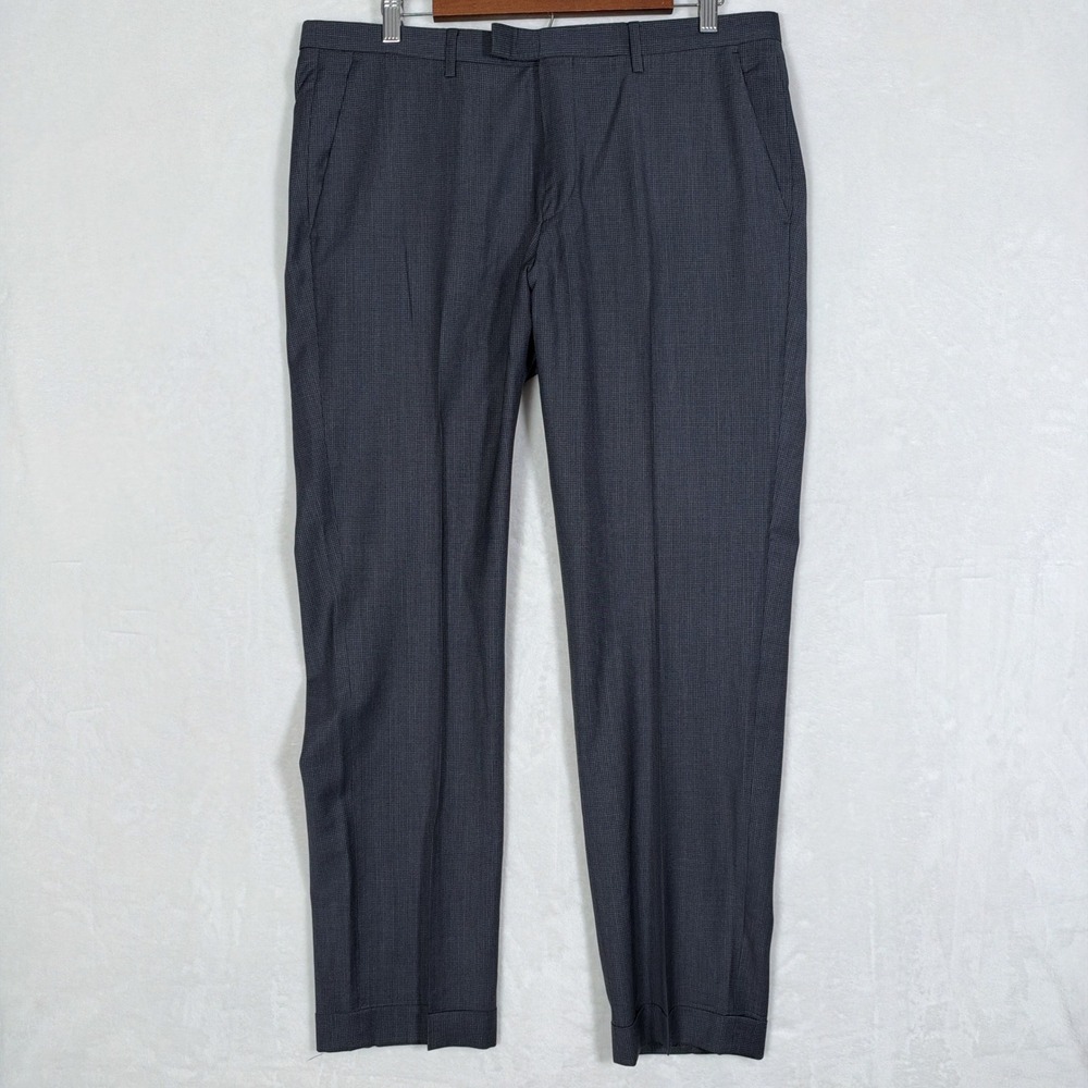 Hugo Boss Mens Gray Micro Check Virgin Wool Dress Pants Trousers 36R 36x30